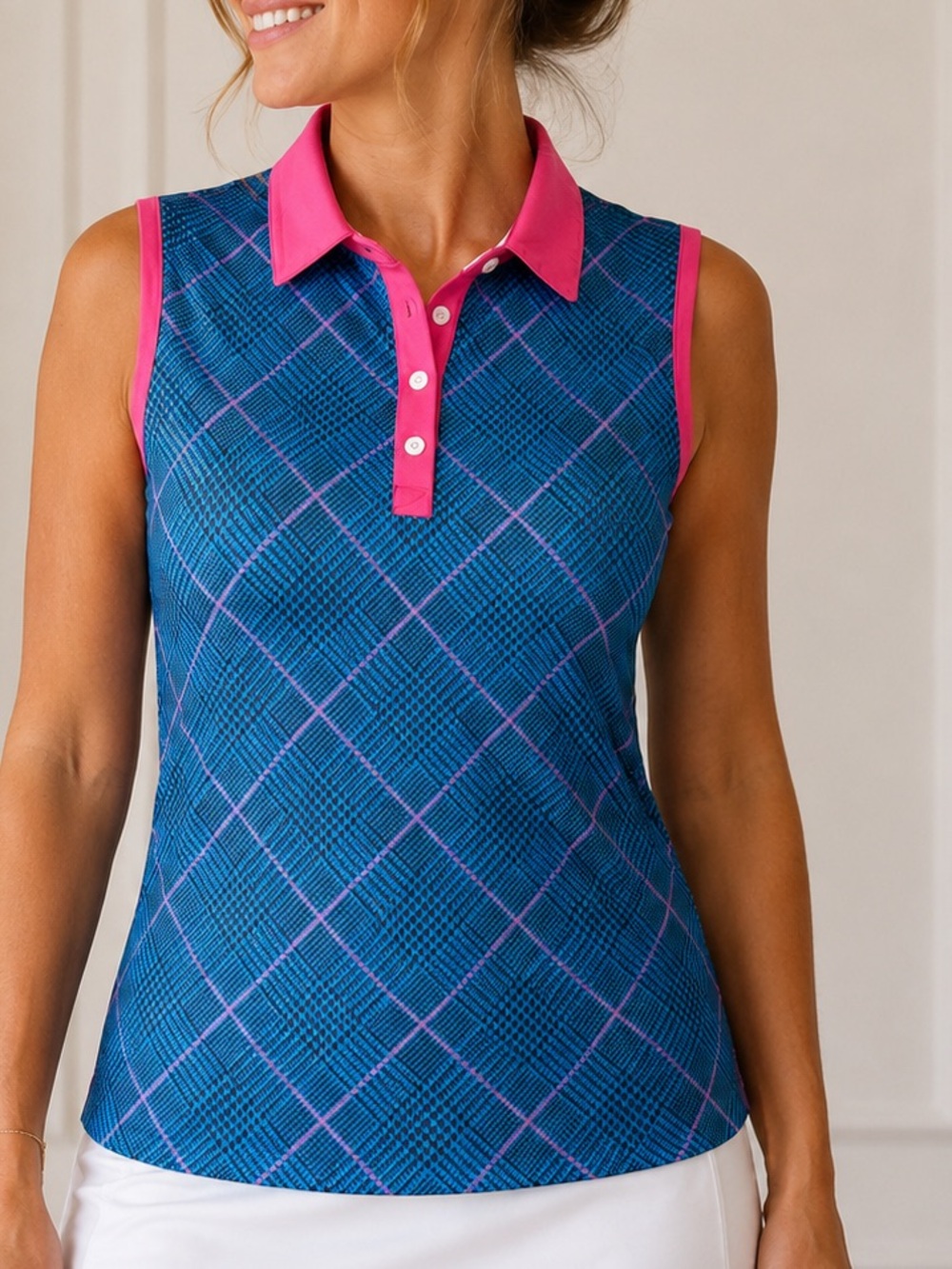 Court Haley Women’s Sleeveless Golf Polo Blue Pink Plaid Size Large